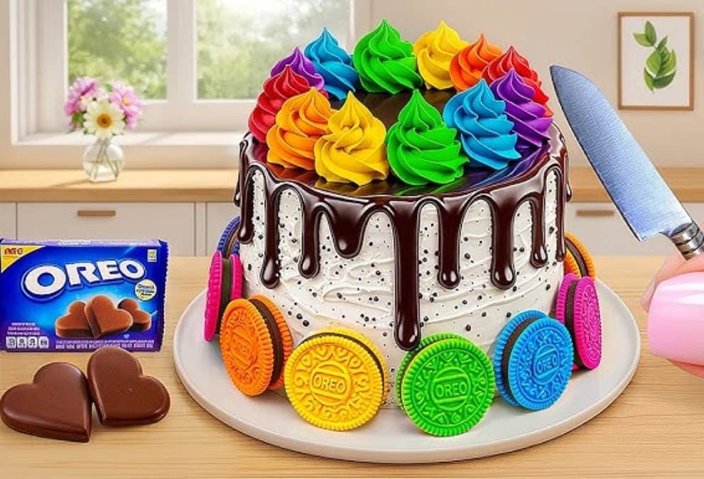 Chocolate Drip Rainbow Oreo Cake