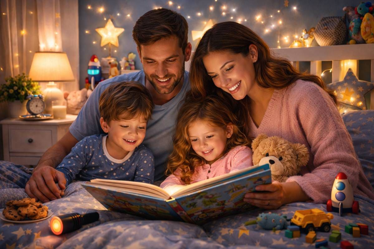 Parents reading bedtime story to kids