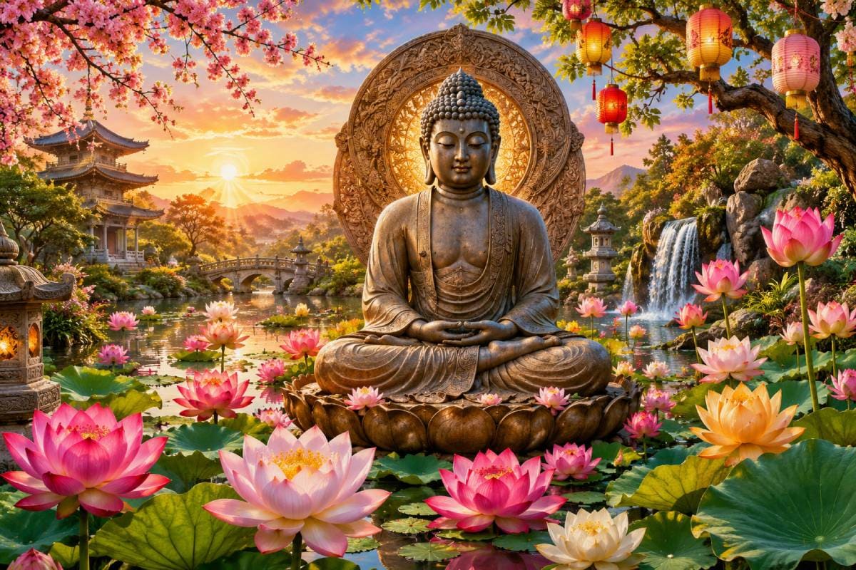 Serene Buddha in lotus garden at sunset