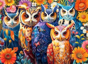 Colorful Owls and Flowers